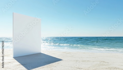 Blank white panel on sandy beach, ocean view