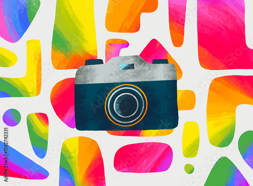 Colorful camera illustration with abstract background design