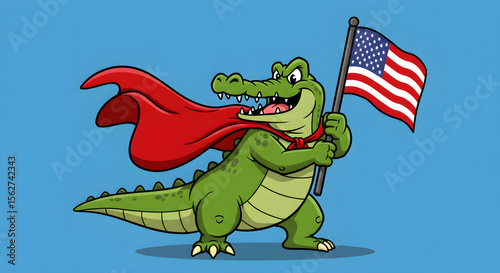 Cartoon Alligator Superhero Holding American Flag with Red Cape on Blue Background