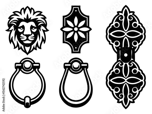 Collection of ornate black and white door knockers and decorative elements
