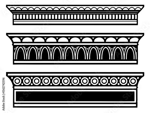 Collection of three black and white architectural decorative elements in a linear style