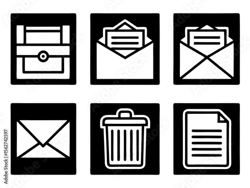 Collection of six simple black and white icons for communication and document management