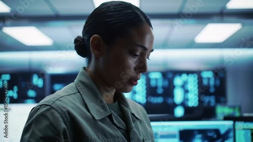 Focused Female Soldier in Command Center