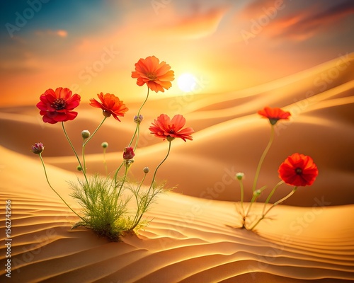 Vibrant Red Flowers Blooming in a Desert Sunset Landscape