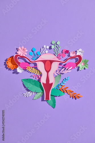 A vibrant papercraft uterus illustration with floral elements