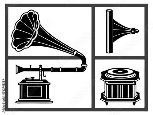 Vintage gramophone components and phonograph machine icons in a grid