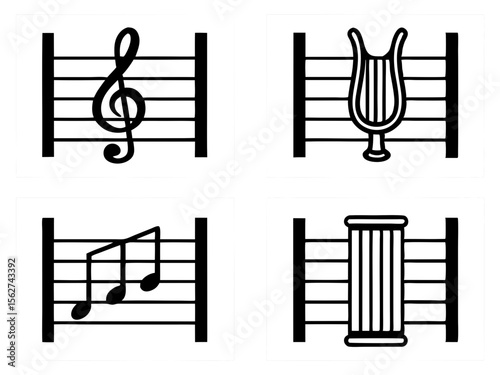 Four musical icons on a staff including a treble clef harp musical notes and column
