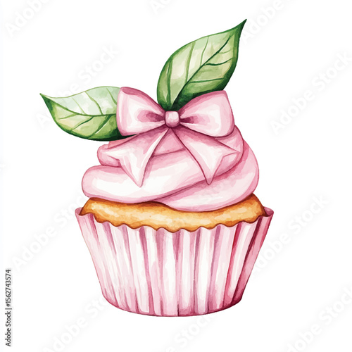 Delicate Pink Cupcake with Green Leaves and Bow