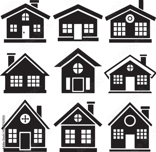 Collection of simple black house icons with different architectural styles