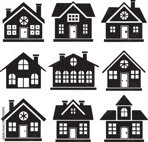 Collection of simple black house icons with different architectural styles