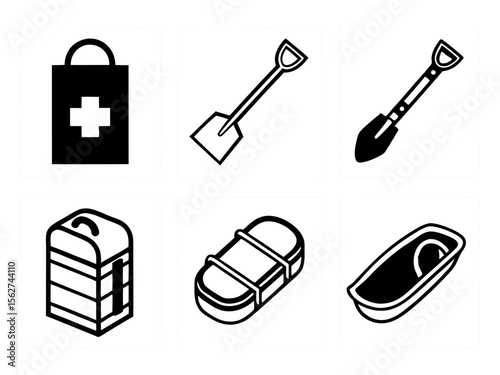 Collection of medical and burial related icons including first aid kit shovels and coffins