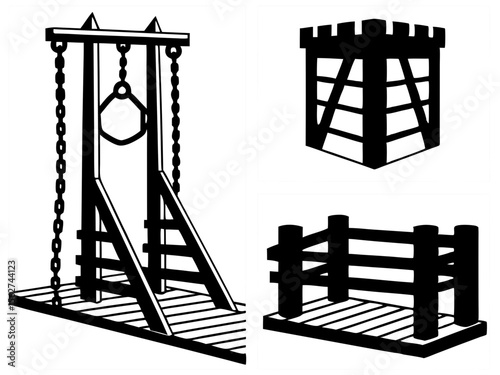 Collection of black silhouette illustrations of medieval execution devices and structures