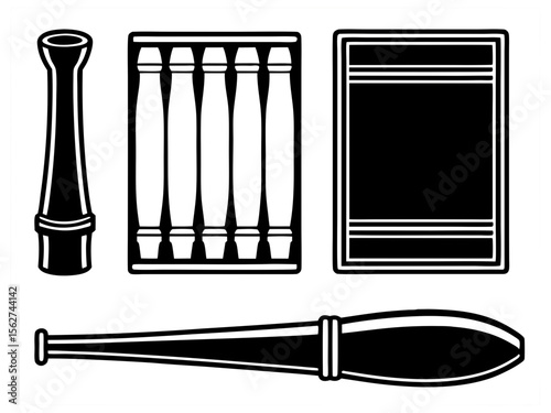 Collection of black and white vector illustrations of fire fighting equipment
