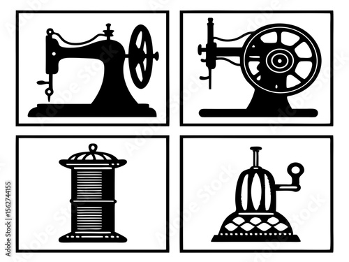 Vintage sewing machine and related tools collection in black and white silhouettes