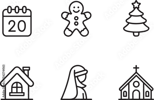 Collection of Christmas Themed Iconography Featuring a Calendar, Gingerbread Man, Christmas Tree, House, Mary, and Church