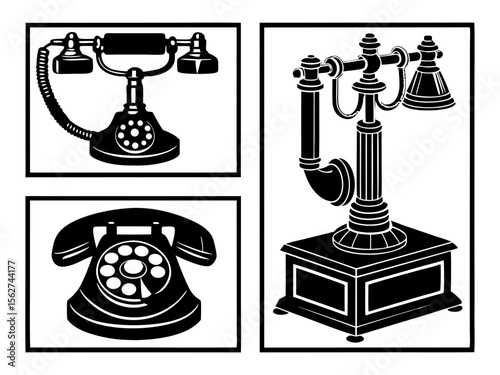 Collection of vintage rotary telephones in black and white silhouette style