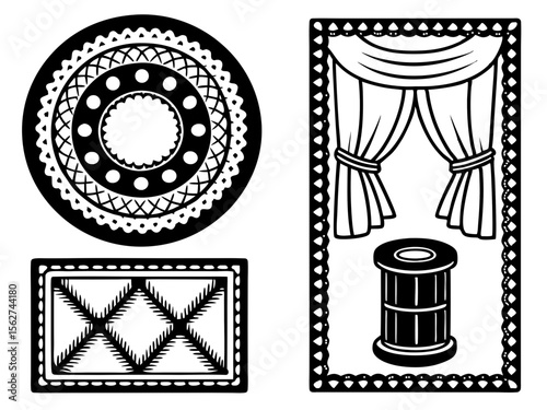 Black and white graphic design elements including a decorative circle curtains and a spool of thread