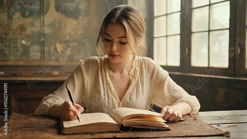 Serene Woman Immersed in Writing a Novel, Lost in Thought and Creativity in a Cozy, Historic Setting.