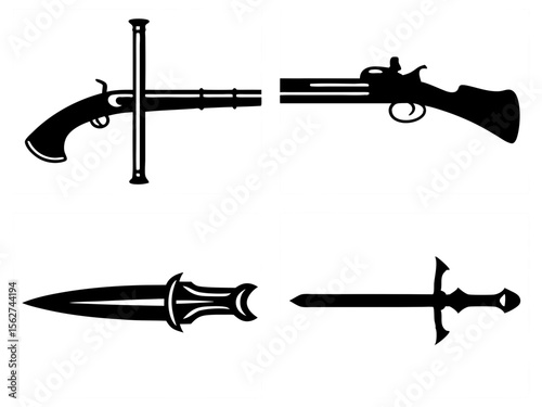 Collection of historical weapon silhouettes including flintlock pistols rifles daggers and swords