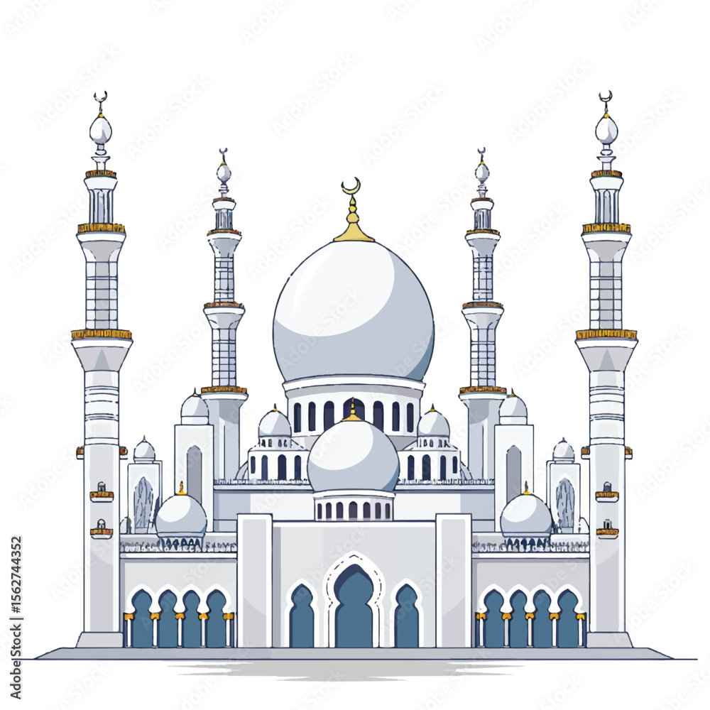 Obraz premium Detailed Architectural Illustration of a Grand Mosque with Minarets and Domes (1)