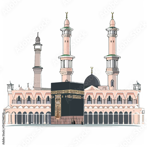 Detailed Architectural Illustration of the Grand Mosque with the Kaaba