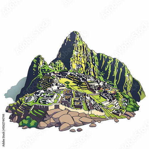 Detailed Artistic Illustration of Machu Picchus Ancient Mountain Citadel
