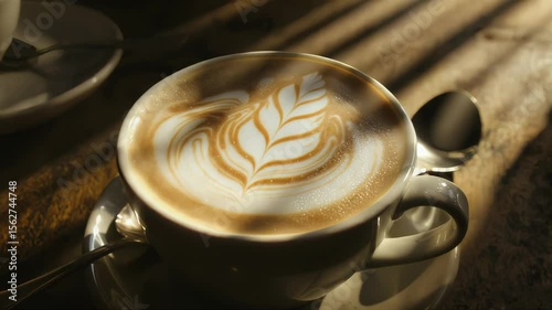 Warm Latte Art Capturing the Cozy Moment with Coffee Cup on a Rustic Table