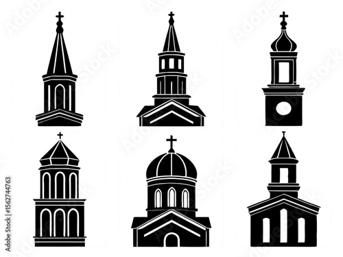 Collection of six stylized black and white church steeple and dome silhouettes