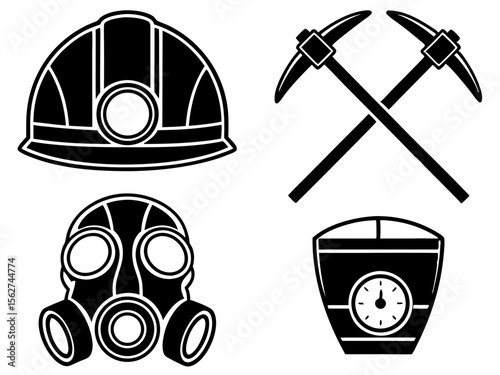 Mining safety equipment icons including hard hat gas mask pickaxe and scale