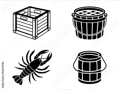 Four black and white icons of a wooden crate two buckets and a lobster