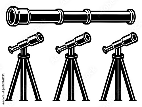 Vintage telescope and two modern telescopes on tripods isolated on white background