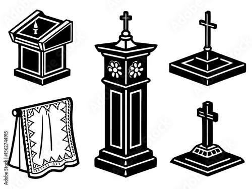 Collection of christian religious symbols and church furniture in black and white