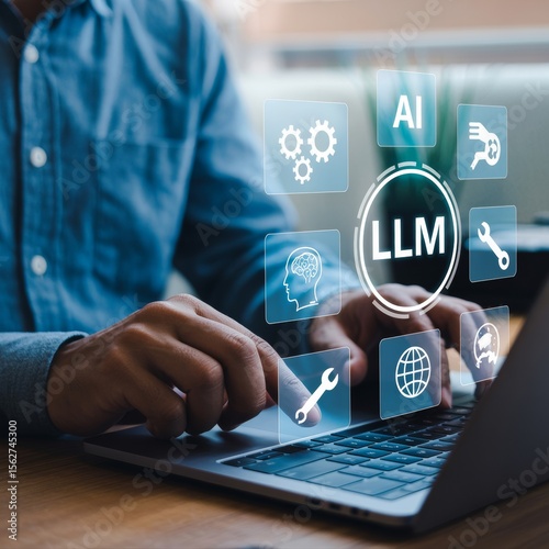Person typing on laptop with A I icons technology