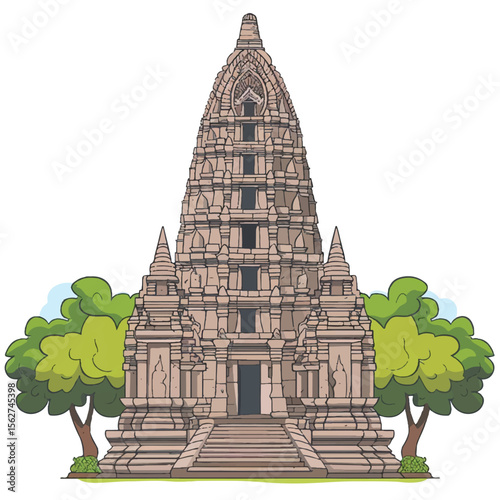 Detailed Cartoon Illustration of a MultiTiered Stone Temple with Trees