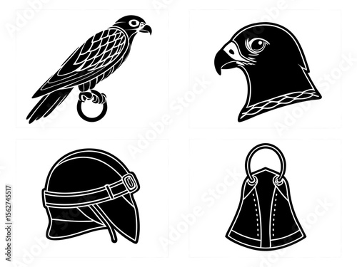 Stylized falconry icons featuring bird head helmet and protective gear