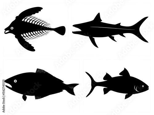 Four black silhouette fish designs including shark and skeleton fish
