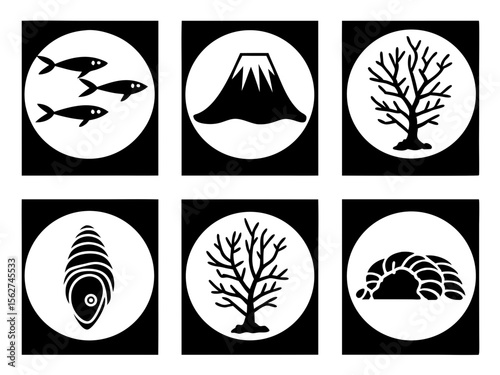 Collection of six japanese inspired black and white graphic icons representing nature and animals