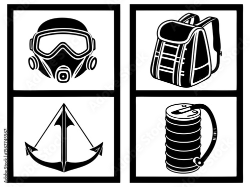 Collection of survival gear icons including gas mask backpack anchor and canteen