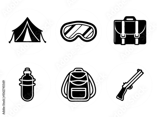 Collection of outdoor adventure and survival gear icons on a black background