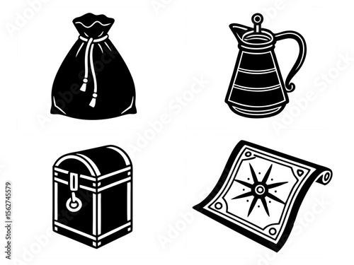 Collection of four black and white icons representing fantasy adventure elements