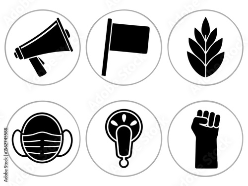 Collection of protest and activism icons including a megaphone flag wheat face mask lightbulb and raised fist