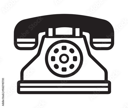 Vintage rotary telephone icon in black and white.