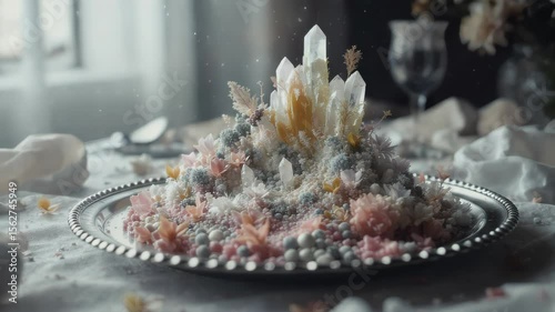 Crystalline Flora A Cinematic Still Life with Crystals and Floral Accents