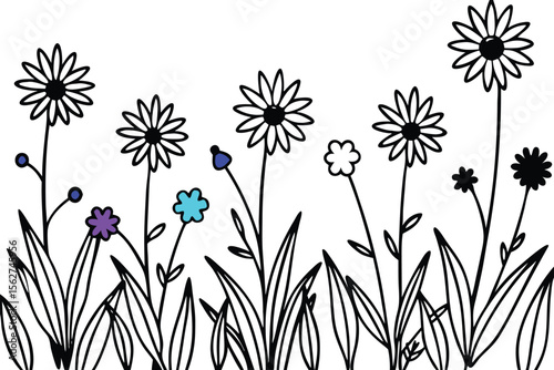 Black outline flowers with blue purple and cyan accents floral nature