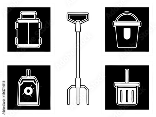 Collection of simple white line art icons of gardening and cleaning tools on black background