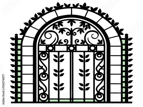 Decorative black wrought iron gate with arched top and leaf motifs