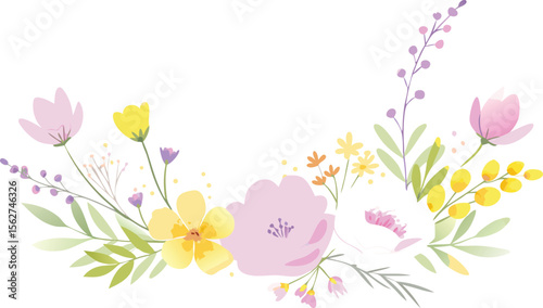 Delicate floral arrangement with pastel colors and greenery pink yellow