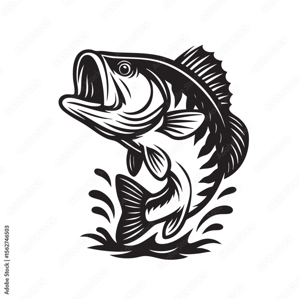Fototapeta premium Vector illustration of a bass fish leaping out of water, perfect for fishing themes.