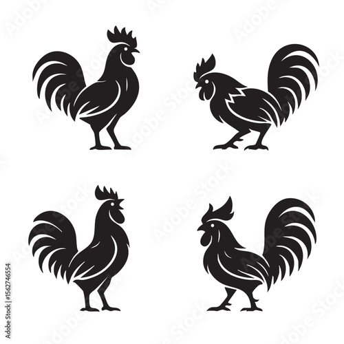 Vector illustration set of four distinct rooster poses, farm animal icon.