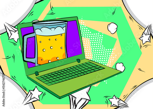 Cartoon Laptop, comic book Notebook with Beer glass. Retro vector comics pop art design.